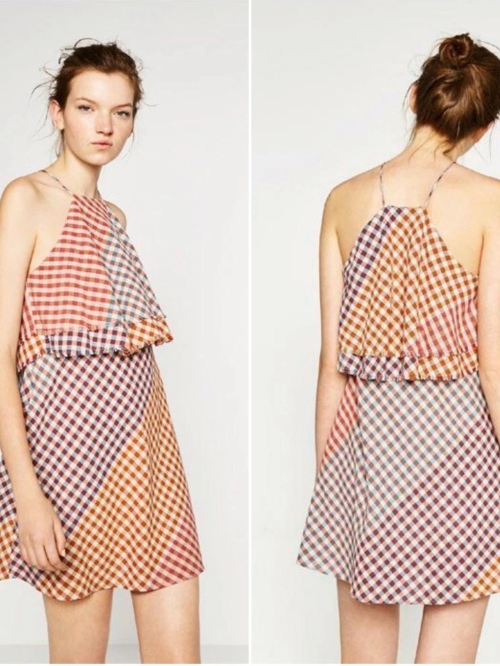 Zara Multicolor Gingham Halter Mini Dress